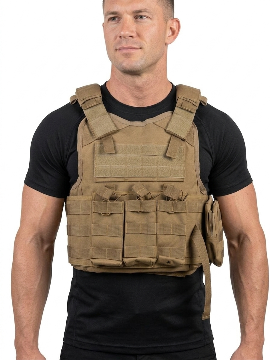 Mil Model 1 Coyote Brown Plate Carrier – Specter Defense 500D Cordura tactical vest with MOLLE webbing and quick-release shoulder system