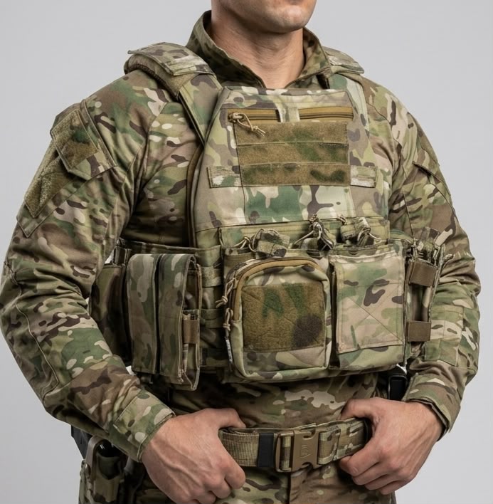 A close-up of a person wearing a tactical plate carrier vest in a multicam camouflage pattern over a matching combat uniform, with front pouches and utility pockets visible against a plain light gray background.